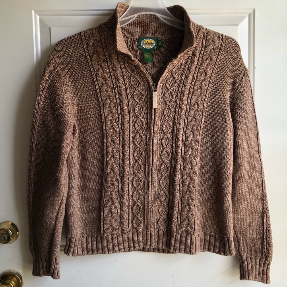 Cabela’s women’s chunky brown braid textured zip up sweater size L